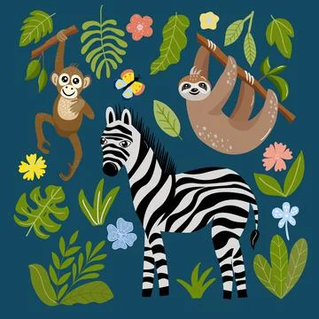 Set of tropical animals - zebra, monkey, sloth and leaves in vector graphics on Stock Illustration