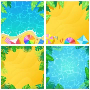 Set of tropical beach vector background and frame. Summer holiday and vacatio Stock Illustration