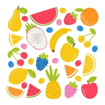 Set of tropical fruit. Fresh organic kitchen. Hand drawn apple, strawberry,.. Stock Illustration