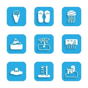 Set Tropical palm tree, Beach shower, Sand castle, Air conditioner, Elegant Stock Illustration