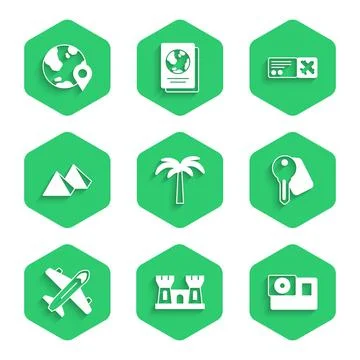 Set Tropical palm tree, Sand castle, Action camera, Hotel door lock key, Plane Stock Illustration