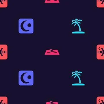 Set Tropical palm tree, Star and crescent, Muslim man prays and No Smoking .. Stock Illustration