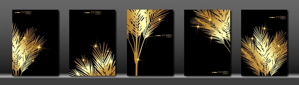 Set of tropical palms elegant black and gold cover template layout set Stock Illustration