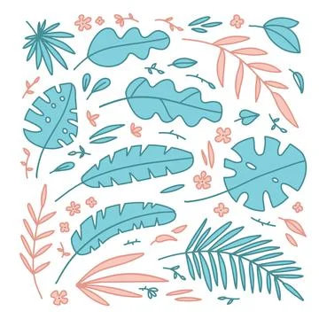 Set of tropical plants elements flowers, palm leaves, grasses. Isolated objects Illustrazione stock