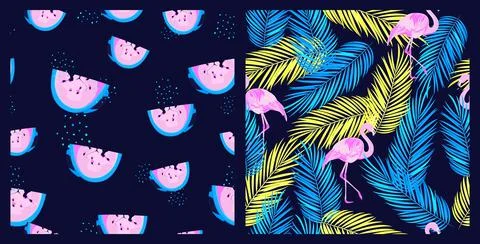 Set of tropical seamless patterns. Flamingo, watermelon and palm leaves. Stock Illustration