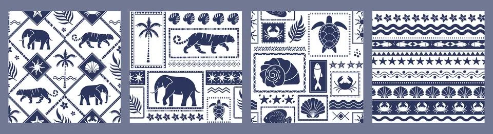 Set of tropical seamless patterns. Retro repeating ornaments with exotic plants Illustrazione stock