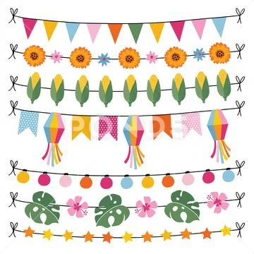 Set of tropical summer garlands. String of lights, bunting flags, corn, monstera Stock Illustration