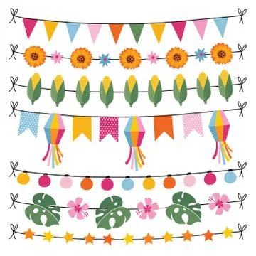 Set of tropical summer garlands. String of lights, bunting flags, corn, monstera Illustrazione stock