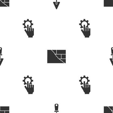 Set Trowel, Bricks and Settings in the hand on seamless pattern. Vector Stock Illustration