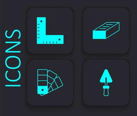 Set Trowel, Corner ruler, Brick and Color palette guide icon. Black square Stock Illustration