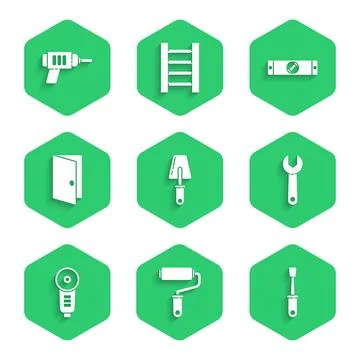 Set Trowel, Paint roller brush, Screwdriver, Wrench spanner, Angle grinder Stock Illustration