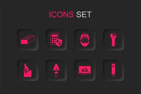 Set Trowel, Security keypad access panel, Brick, Worker safety helmet, Adju.. Illustrazione stock