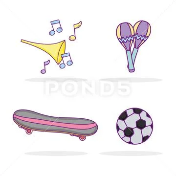 Set trumpet with maracas and skateboards with ball Stock Illustration