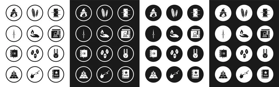 Set Trunk for magic tricks, Hand holding fire, Dagger, Witch, Ancient book Stock Illustration