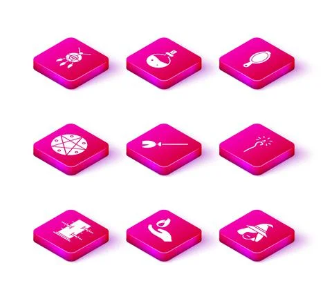 Set Trunk for magic tricks, Hand holding fire, Pentagram circle, Witches broom Stock Illustration