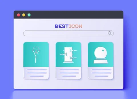 Set Trunk for magic tricks, Magic staff and Magic ball icon. Vector Stock Illustration