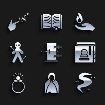 Set Trunk for magic tricks, Mantle, cloak, cape, Magic fog smoke, Ancient book Stock Illustration