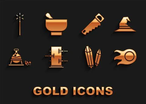 Set Trunk for magic tricks, Witch hat, Fireball, Magic stone, cauldron and, Hand Stock Illustration