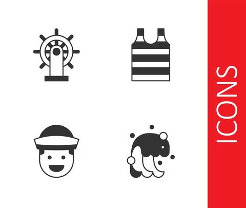 Set Tsunami, Ship steering wheel, Sailor and Striped sailor t-shirt icon. Vector Stock Illustration