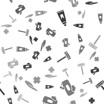 Set Tube of toothpaste, Bar of soap, Shaving razor and Cross hospital medical on Illustrazione stock