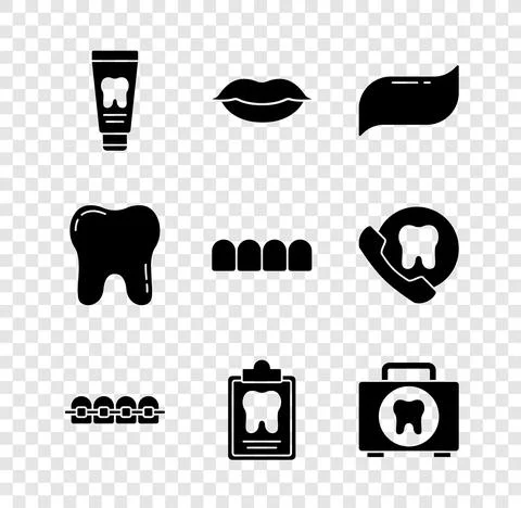 Set Tube of toothpaste, Smiling lips, Toothpaste, Teeth with braces, Dental card Stock Illustration