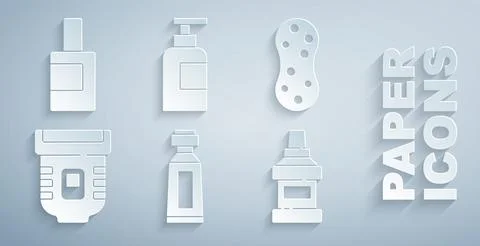 Set Tube of toothpaste, Sponge, Epilator, Mouthwash bottle, Bottle shampoo .. Stockillustratie