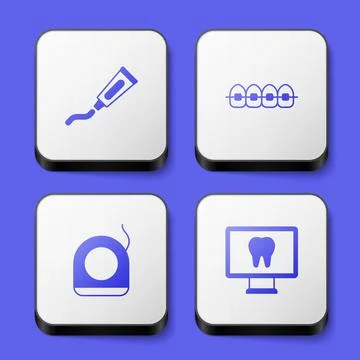 Set Tube of toothpaste, Teeth with braces, Dental floss and Online dental care Stockillustratie