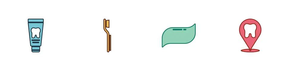 Set Tube of toothpaste, Toothbrush, Toothpaste and Dental clinic location icon Stock Illustration