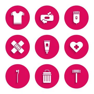 Set Tube of toothpaste, Trash can, Shaving razor, Heart with cross, Toothbrush Stock Illustration