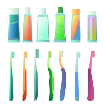 Set tubes of toothpaste and toothbrushes objects. Items for dental and oral.. Stock Illustration