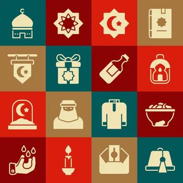 Set Turkish hat, Date fruit in bowl, Ramadan Kareem lantern, Octagonal star Stock Illustration