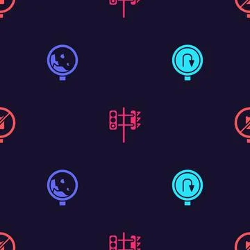 Set Turn back road sign, Road warning rockfall, Traffic light and No cell p.. イラスト素材
