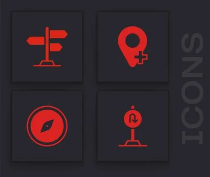 Set Turn back road sign, Road traffic, Location and Compass icon. Vector Stock Illustration