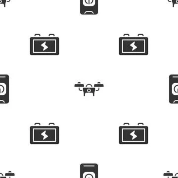 Set Turn off robot from phone, Drone and Battery on seamless pattern. Vector 스톡 일러스트