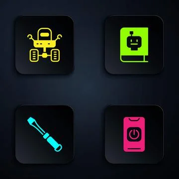 Set Turn off robot from phone, Mars rover, Screwdriver and User manual. Black Stock Illustration