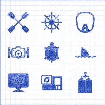 Set Turtle, Action camera, Aqualung, Shark fin in ocean wave, Scallop sea shell Stockillustratie