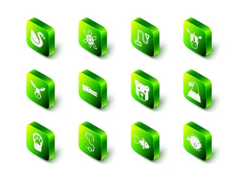 Set Turtle, Collar with name tag, Rhinoceros, Eagle head, Puffer fish, Bear Stock Illustration