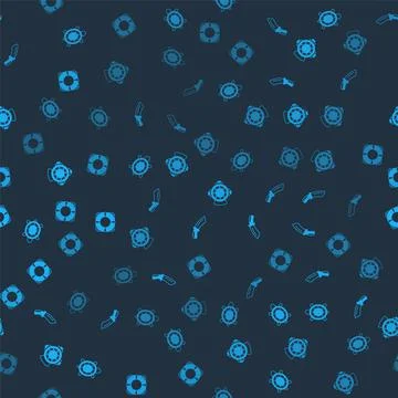 Set Turtle, Diving knife, Aqualung and Lifebuoy on seamless pattern. Vector Illustrazione stock