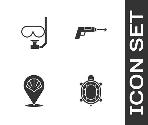 Set Turtle, Diving mask and snorkel, Scallop sea shell and Fishing harpoon icon Stock Illustration