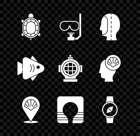 Set Turtle, Diving mask and snorkel, hood, Scallop sea shell, Life jacket Stock Illustration
