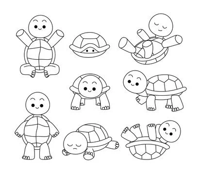 Set of turtle doodle collection, turtle outline coloring page or book anima.. Stock Illustration