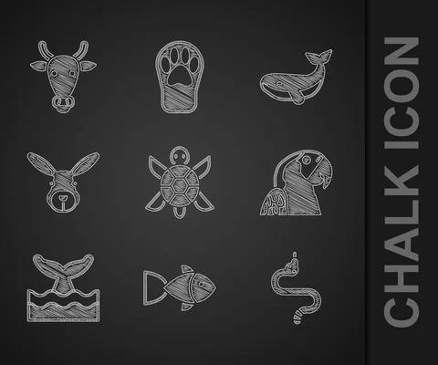 Set Turtle, Fish, Snake, Macaw parrot, Whale tail in ocean wave, Rabbit head Stock Illustration