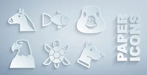 Set Turtle, Goose bird, Eagle head, Dog, Fish and Horse icon. Vector Stock Illustration