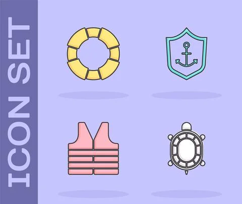 Set Turtle, Lifebuoy, jacket and Anchor inside shield icon. Vector 스톡 일러스트