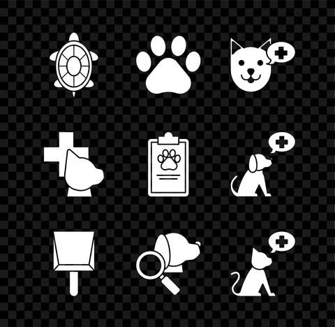 Set Turtle, Paw print, Veterinary clinic symbol, Dustpan, and Clipboard with Stock Illustration