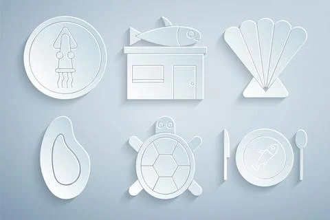 Set Turtle, Scallop sea shell, Mussel, Served fish on plate, Seafood store and Stock Illustration