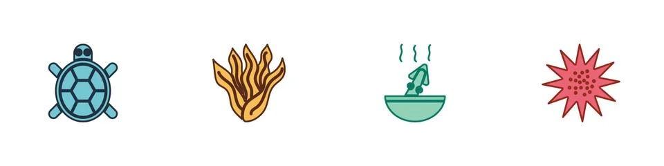 Set Turtle, Seaweed, Soup with octopus and urchin icon. Vector 스톡 일러스트