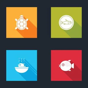 Set Turtle, Served fish on a plate, Puffer soup and icon. Vector Stock Illustration