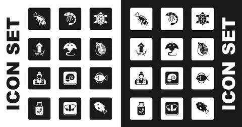 Set Turtle, Stingray, Octopus, Fish, Mussel, Shrimp, and Fisherman icon. Vector Stock Illustration