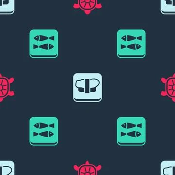 Set Turtle, Sushi on cutting board and Canned fish on seamless pattern. Vecto イラスト素材